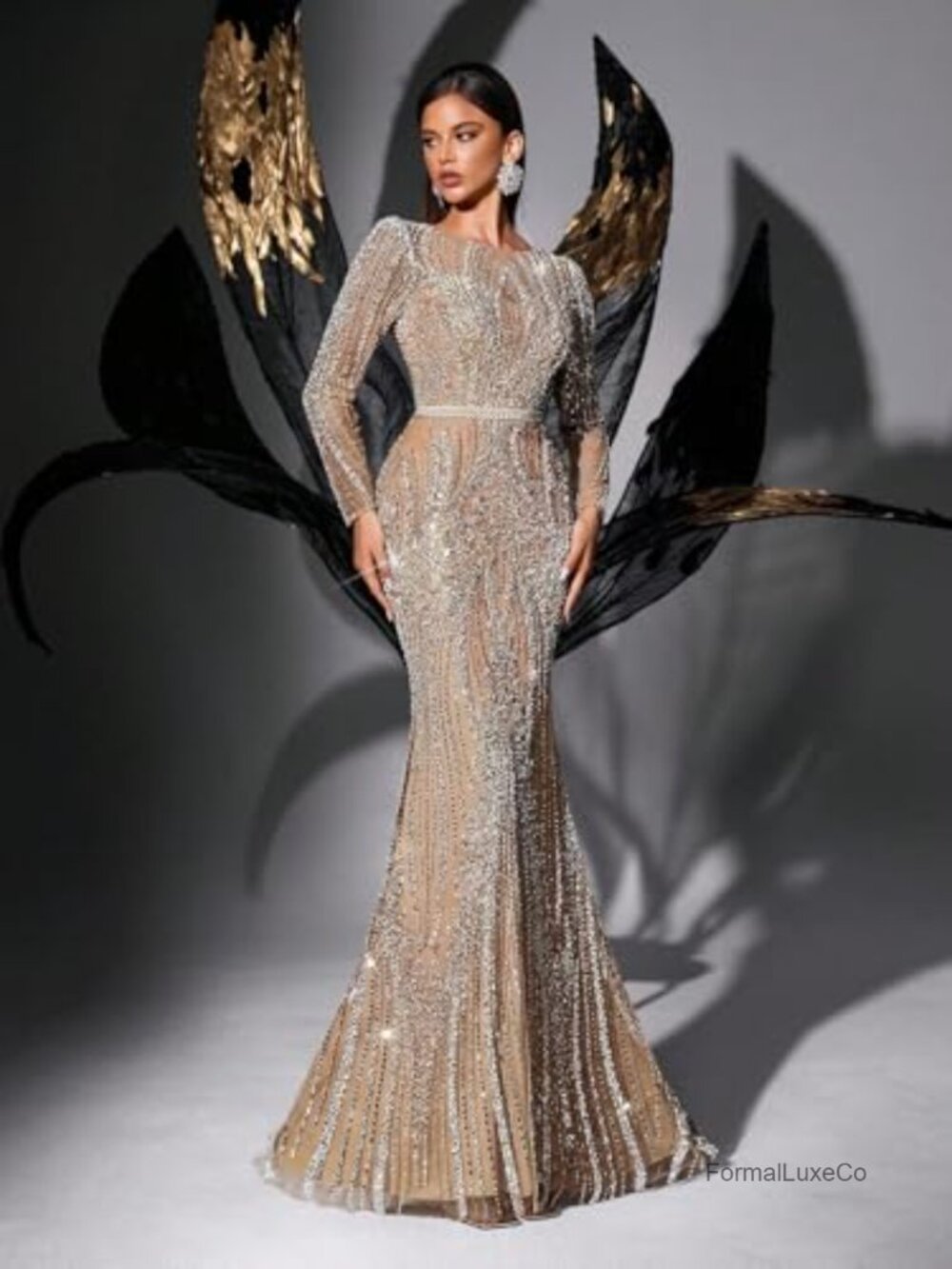 Women Sequin Mermaid Evening Gown Beaded Long Sleeve Formal Prom Dress - Picture 2 of 6